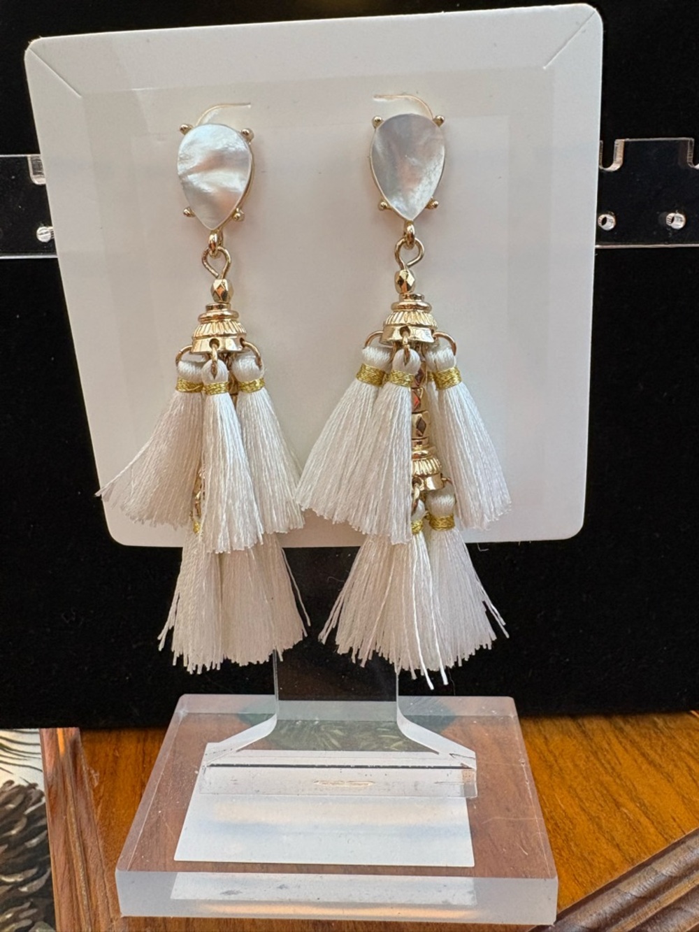 White Tassel Mother of Pearl Gold Drop Post Earrings